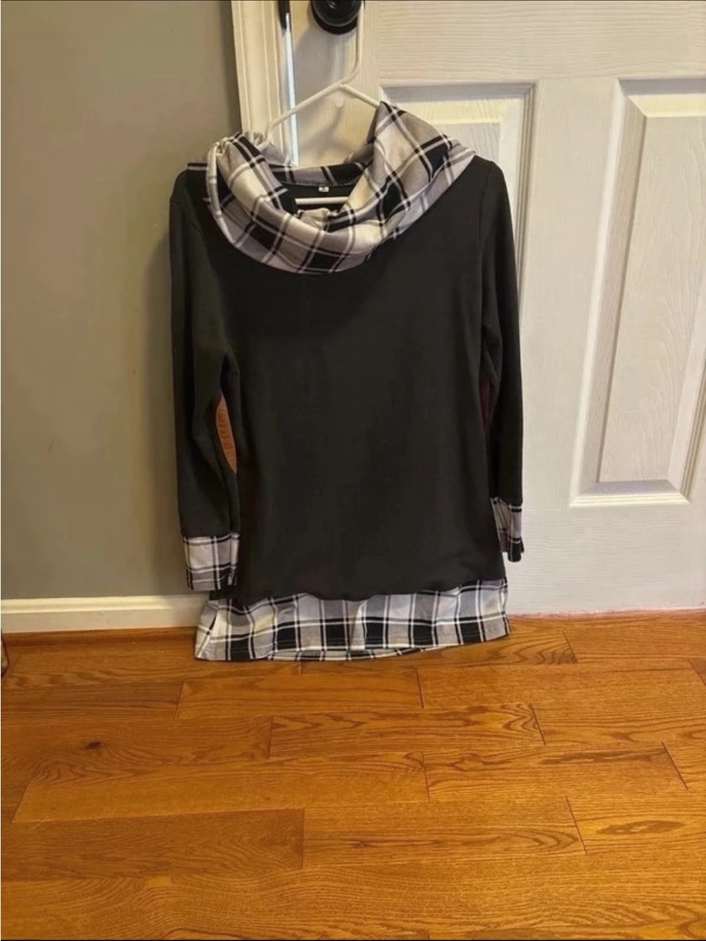 Women’s Black Plaid-Trim Cowl Neck Sweater